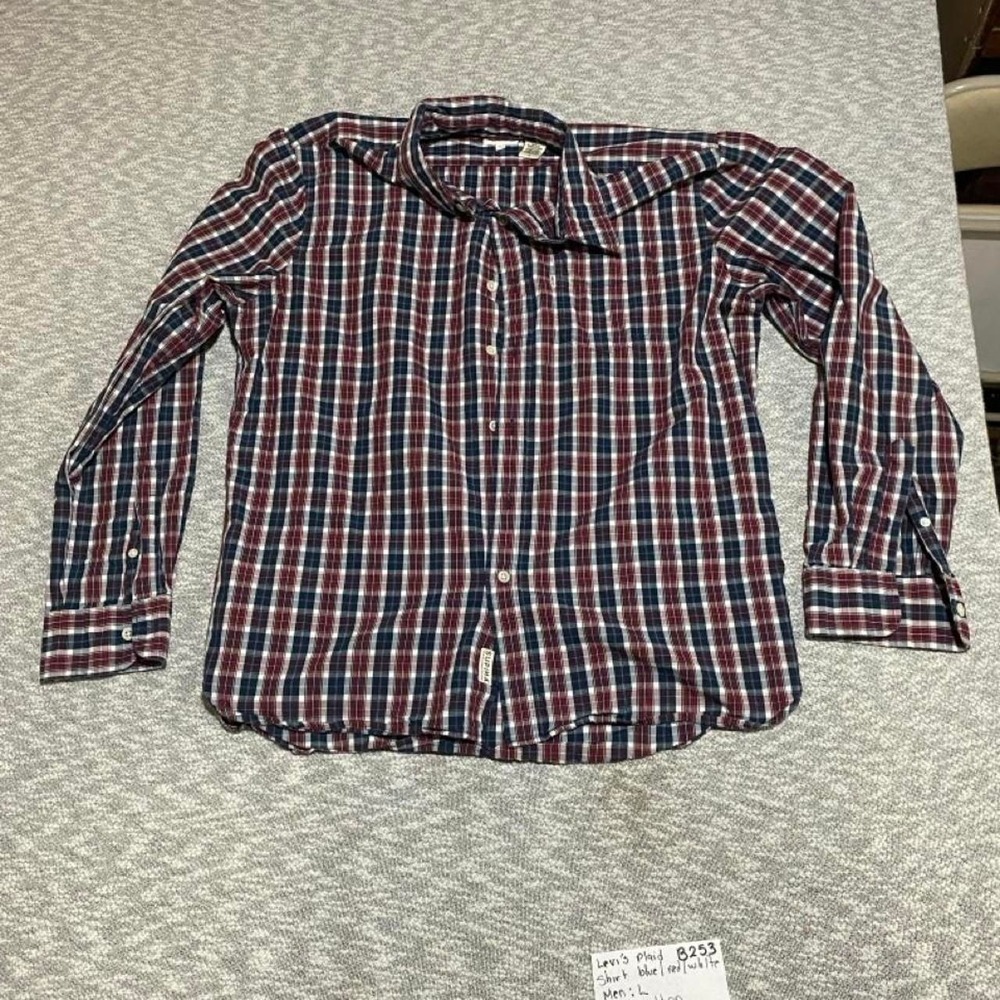 Levi's red, white, and blue plaid button-up shirt  L, long sleeves. SKU-B253